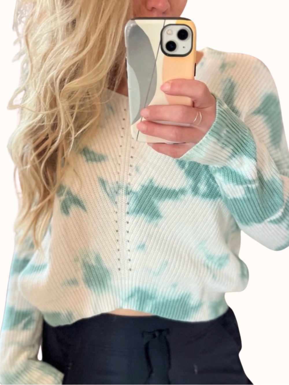 Green White Tie-Dye Crop Cut Sweater